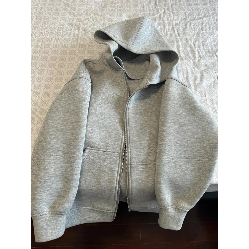 Vintage Zip Hoodie - Women's Grey Hooded Coat Solid Long