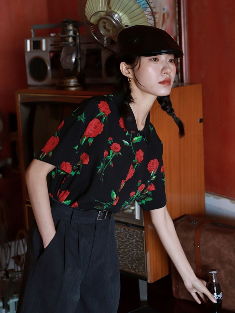 Vintage Collectible Buttons - Vintage Short Sleeve Rose Printing Women