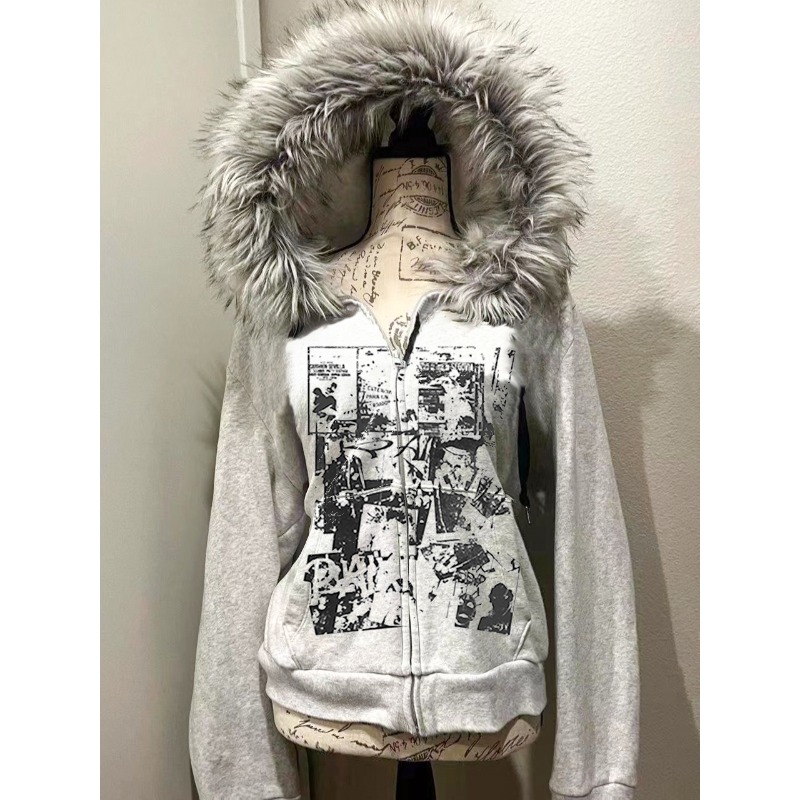 Grey Faux Fur Wool Double Zipp - Vintage Zip Hoodie reseña y precio
