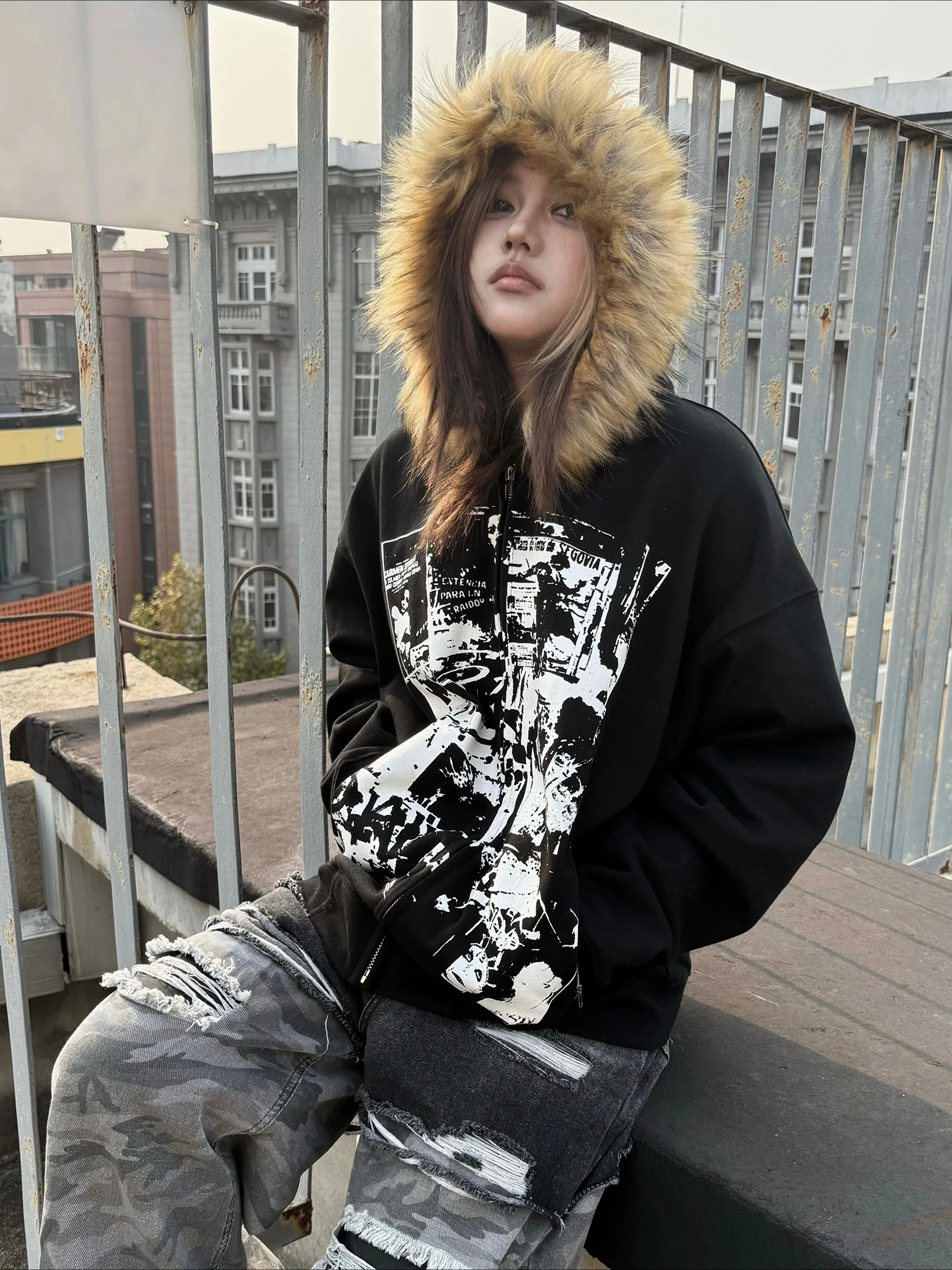 Grey Faux Fur Wool Double Zipp - Vintage Zip Hoodie reseña y precio