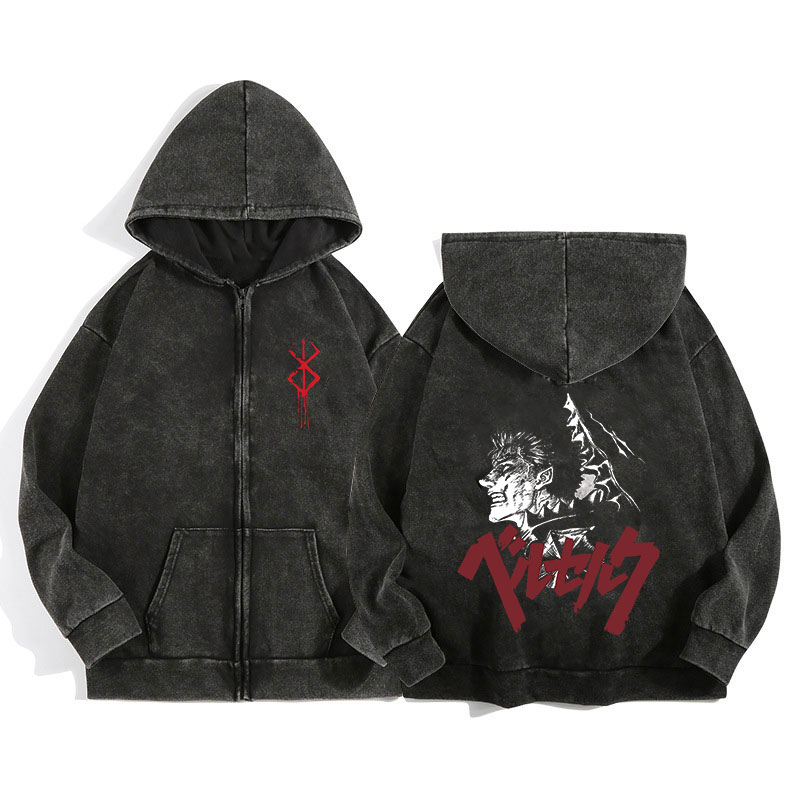 Anime Berserk Wash Zip Up Hood - Vintage Zip Hoodie reseña y precio